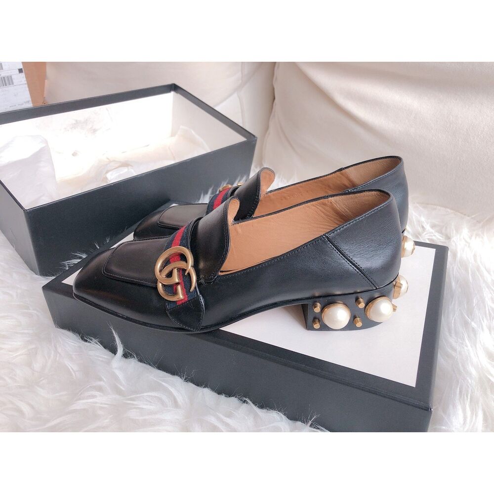 Gucci Peyton GG Marmont Pearl Loafer Black Leather EU 37 US 7 Worn Once w/Box